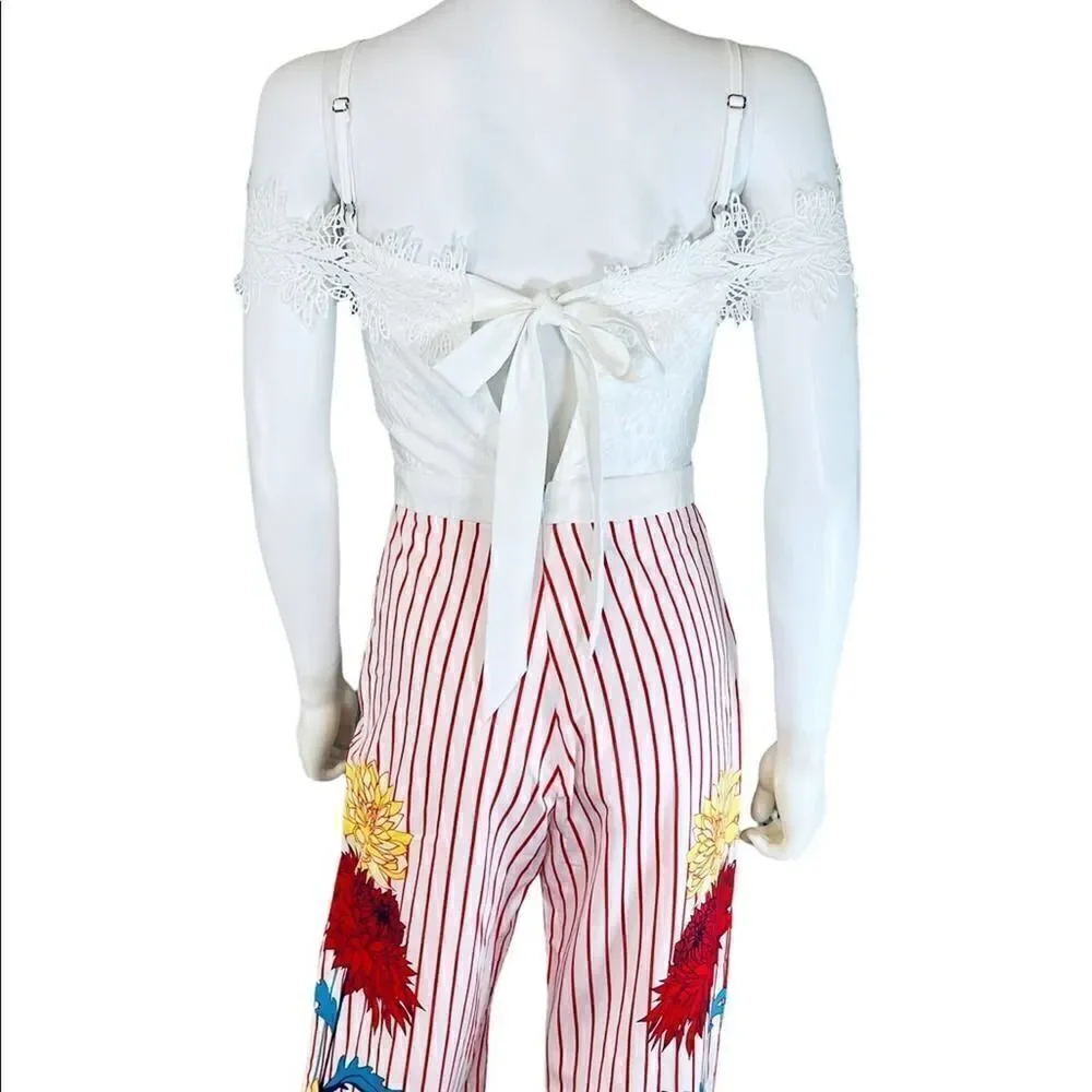 Chicways Floral Striped Cold Shoulder Jumpsuit